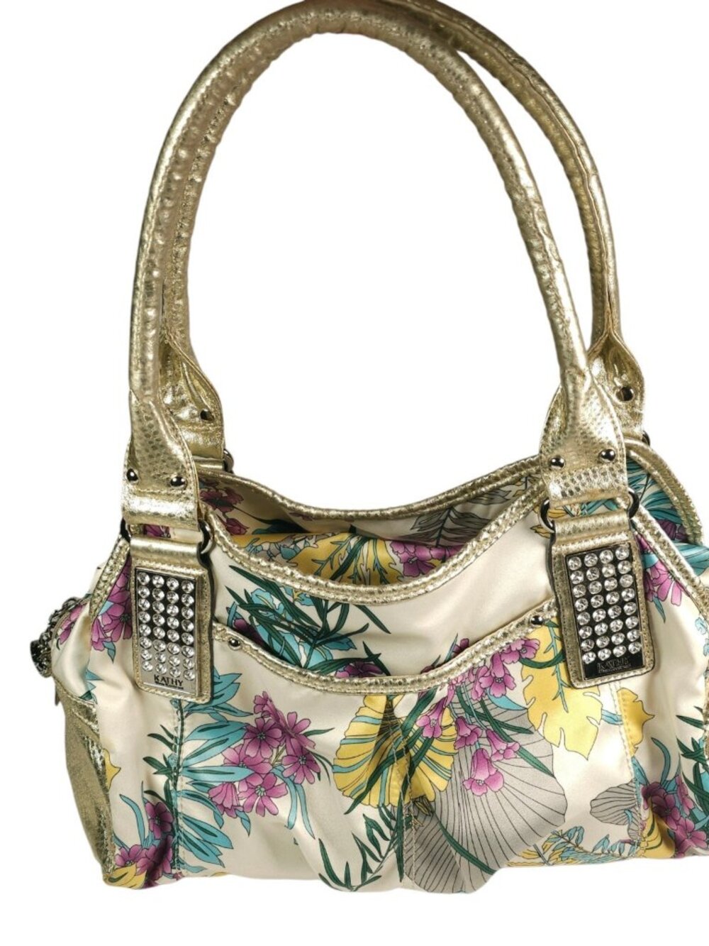 KATHY VAN ZEELAND Y2K Bag Floral Rhinestone Gold Double Handle